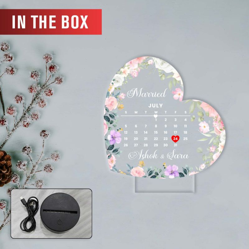 Personalized Heart Shape Wedding LED Lamp Custom with Names and Marriage Date – Romantic Anniversary & Wedding Gift for Couples, Husband, Wife | Multicolored Light with USB Cable